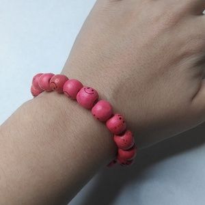 Pink Smiley Face Wood Bead Bracelet